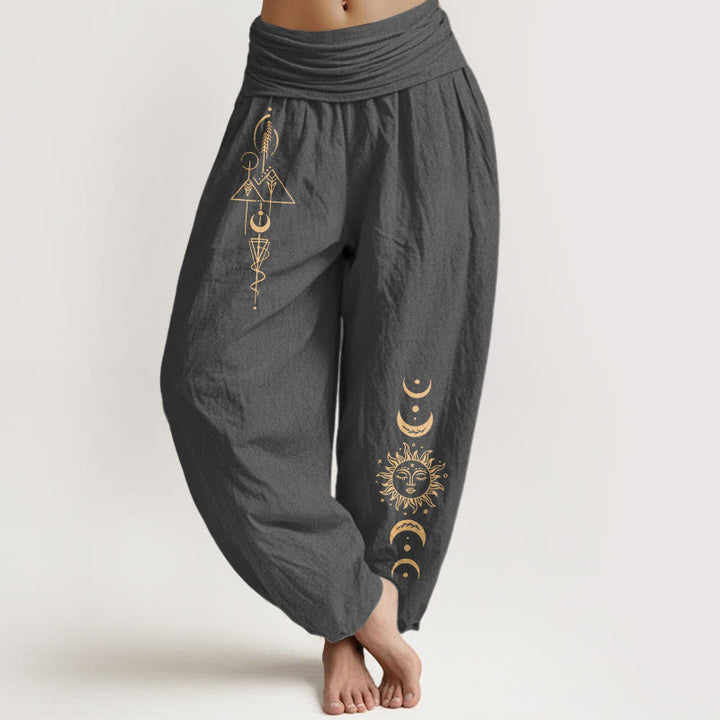 Buddha Stones Pantalones harén de algodón puro con estampado geométrico de sol y luna para mujer, cintura elástica - Gris oscuro - US16，UK/AU20，EU48 (3XL) - image 8