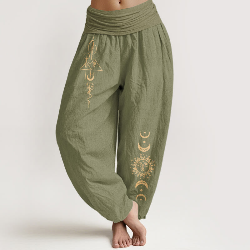 Buddha Stones Pantalones harén de algodón puro con estampado geométrico de sol y luna para mujer, cintura elástica - Verde oliva - US16，UK/AU20，EU48 (3XL) - image 14
