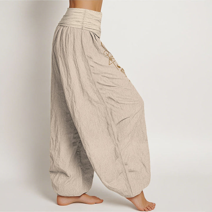 Buddha Stones Pantalones harén de algodón puro con estampado geométrico de sol y luna para mujer, cintura elástica - image 13