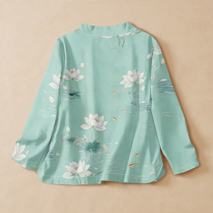 Buddha Stones Camisa de manga larga estilo Hanfu con cuello en V y cordones, de algodón y estampado de peces koi. - image 1
