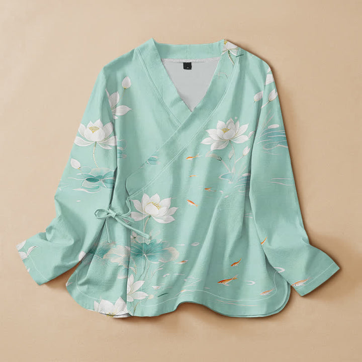 Kimono de manga larga para mujer con estampado de Buddha Stones, loto de algodón y peces koi, estilo Hanfu, cuello en V y cordones. - Turquesa pálido - US16，UK/AU20，EU48 (3XL) - image 0
