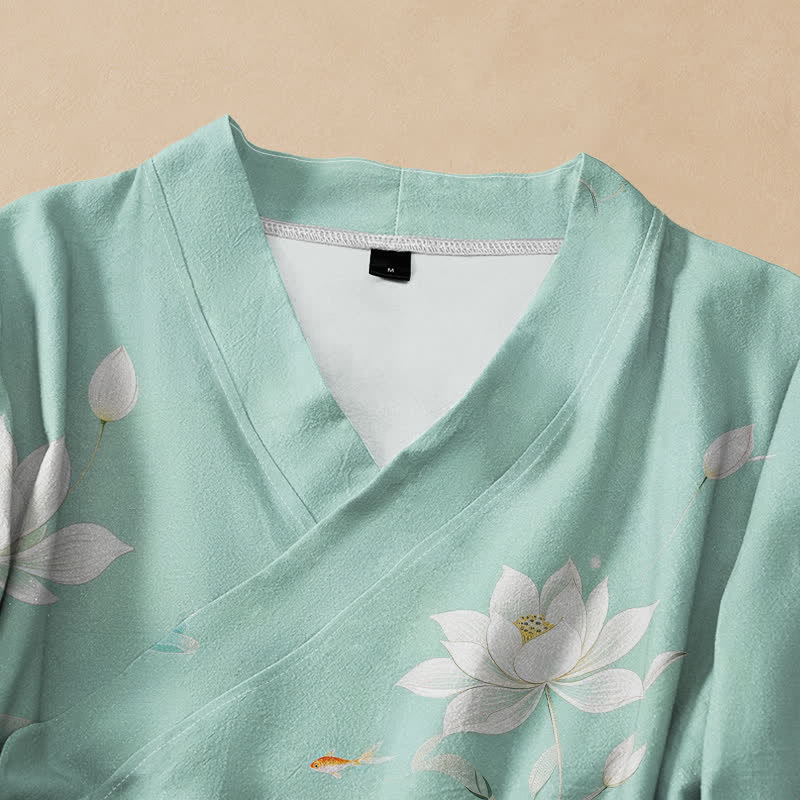 Kimono de manga larga para mujer con estampado de Buddha Stones, loto de algodón y peces koi, estilo Hanfu, cuello en V y cordones. - image 2