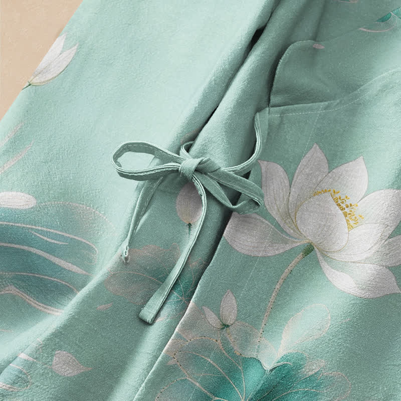 Kimono de manga larga para mujer con estampado de Buddha Stones, loto de algodón y peces koi, estilo Hanfu, cuello en V y cordones. - image 3