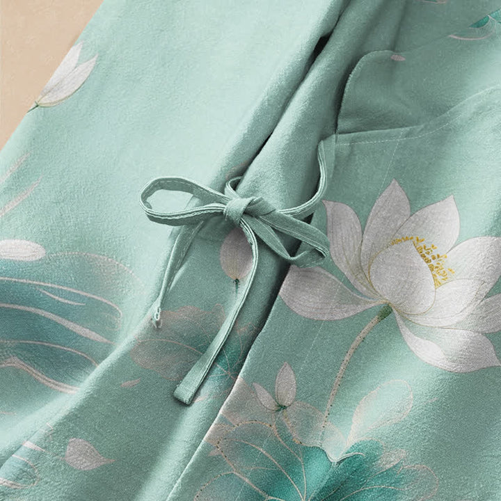 Kimono de manga larga para mujer con estampado de Buddha Stones, loto de algodón y peces koi, estilo Hanfu, cuello en V y cordones. - image 3