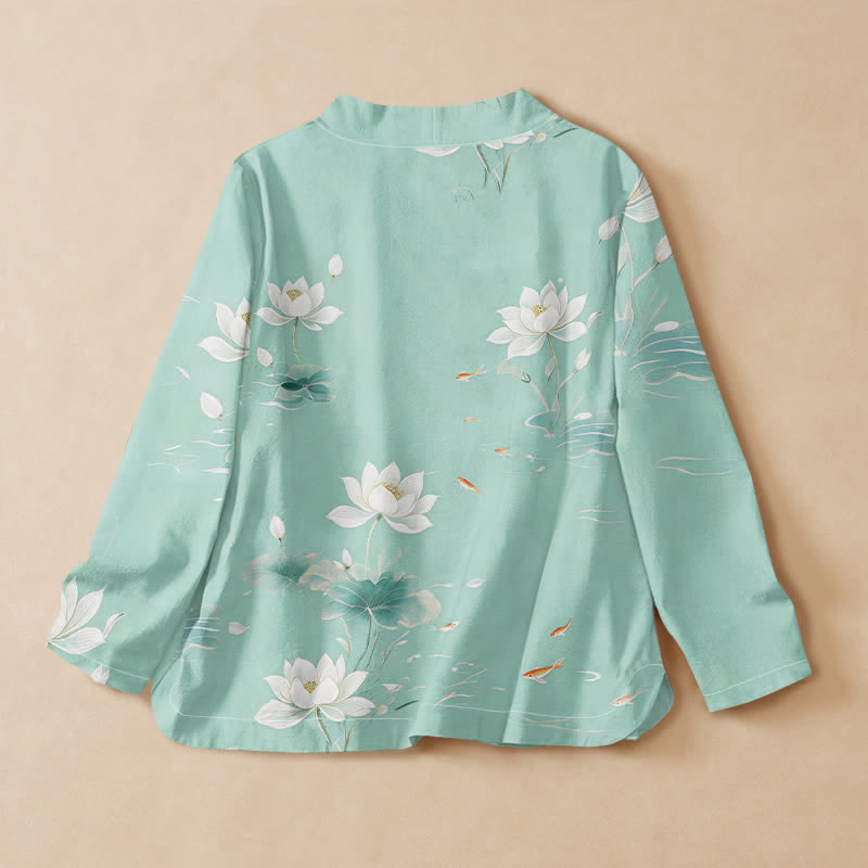 Kimono de manga larga para mujer con estampado de Buddha Stones, loto de algodón y peces koi, estilo Hanfu, cuello en V y cordones. - image 1