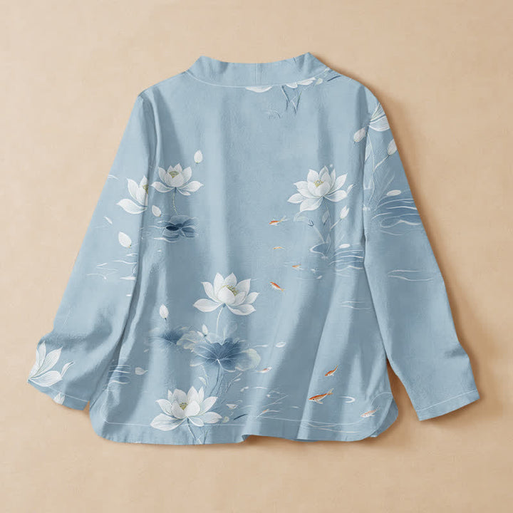 Kimono de manga larga para mujer con estampado de Buddha Stones, loto de algodón y peces koi, estilo Hanfu, cuello en V y cordones. - image 6