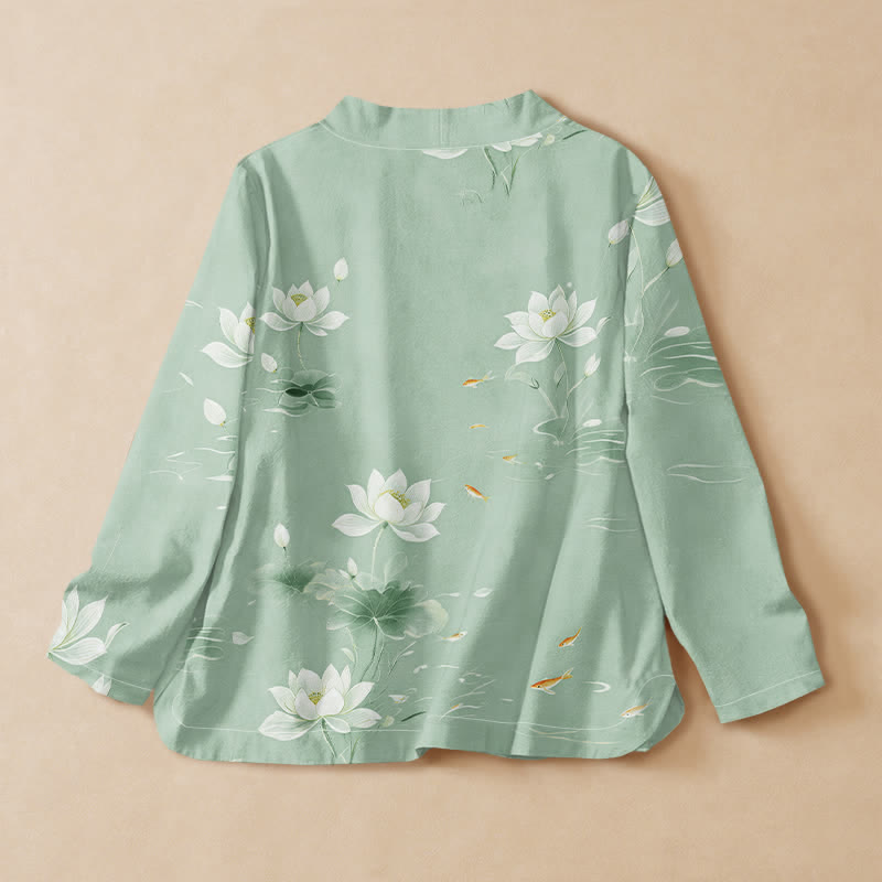 Kimono de manga larga para mujer con estampado de Buddha Stones, loto de algodón y peces koi, estilo Hanfu, cuello en V y cordones. - image 8