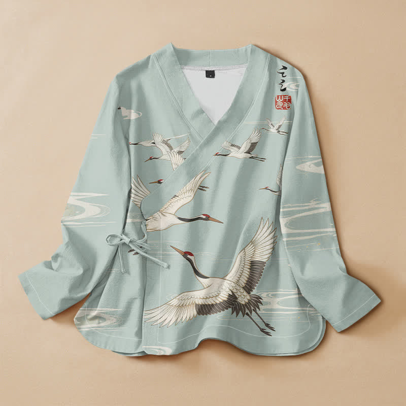 Buddha Stones Camisa de manga larga estilo Hanfu con cuello en V y cordones, de algodón, con estampado de grullas voladoras y ondas de agua. - Turquesa pálido - US16，UK/AU20，EU48 (3XL) - image 0