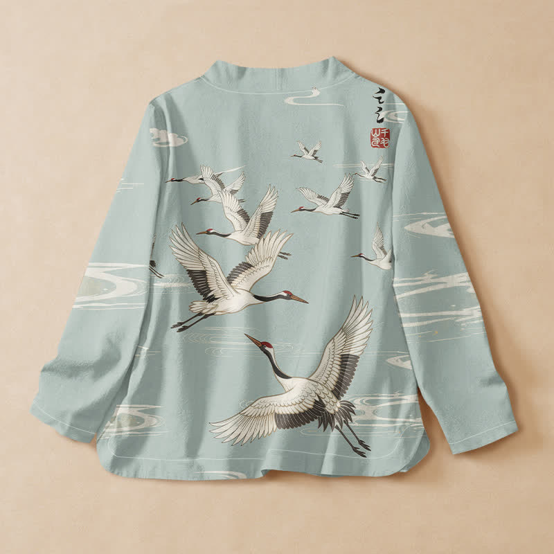 Kimono de manga larga para mujer con estampado de grullas voladoras y ondas de agua, estilo Hanfu, cuello en V y cordones, con Buddha Stones y algodón. - image 1
