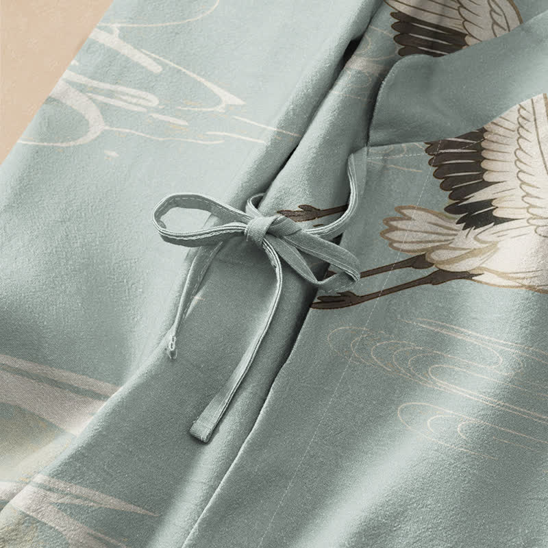 Kimono de manga larga para mujer con estampado de grullas voladoras y ondas de agua, estilo Hanfu, cuello en V y cordones, con Buddha Stones y algodón. - image 3