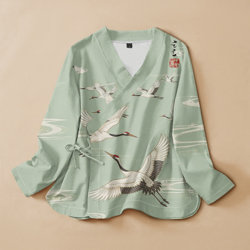 Kimono de manga larga para mujer con estampado de grullas voladoras y ondas de agua, estilo Hanfu, cuello en V y cordones, con Buddha Stones y algodón. - Verde pálido - US16，UK/AU20，EU48 (3XL) - image 5