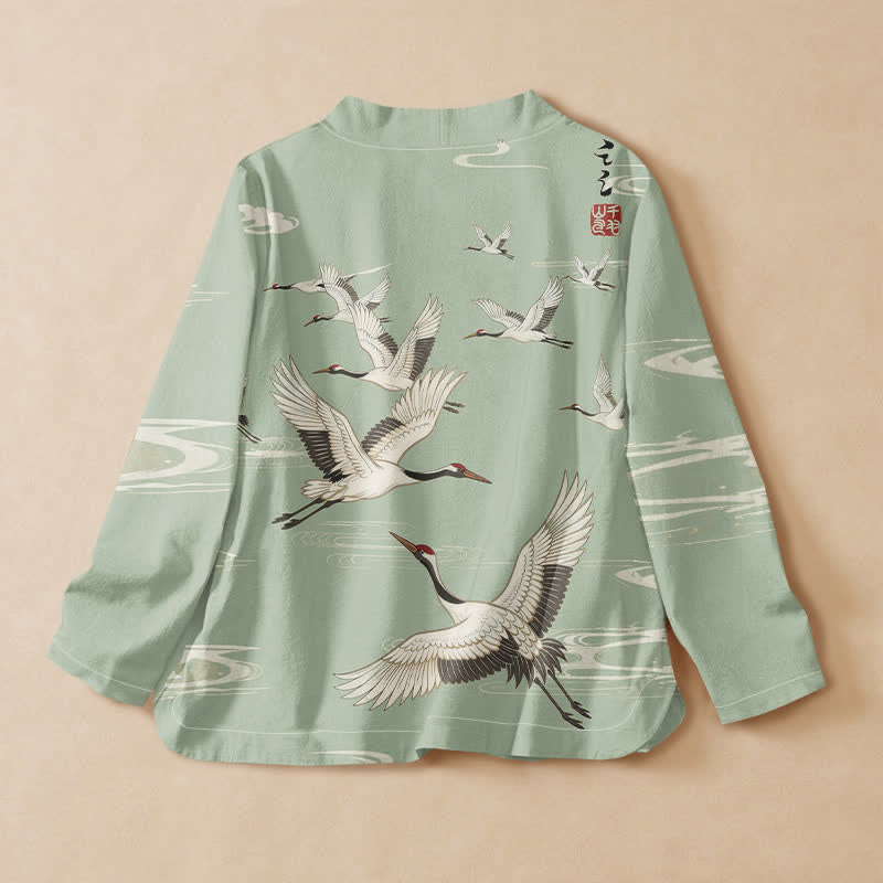 Kimono de manga larga para mujer con estampado de grullas voladoras y ondas de agua, estilo Hanfu, cuello en V y cordones, con Buddha Stones y algodón. - image 6