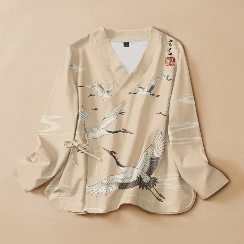 Kimono de manga larga para mujer con estampado de grullas voladoras y ondas de agua, estilo Hanfu, cuello en V y cordones, con Buddha Stones y algodón. - Beige - US16，UK/AU20，EU48 (3XL) - image 7