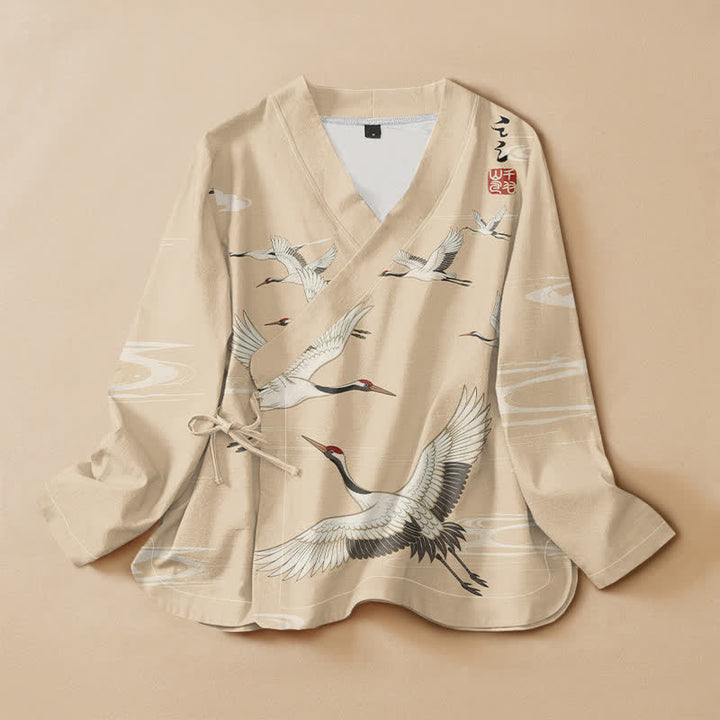 Kimono de manga larga para mujer con estampado de grullas voladoras y ondas de agua, estilo Hanfu, cuello en V y cordones, con Buddha Stones y algodón. - Beige - US16，UK/AU20，EU48 (3XL) - image 7