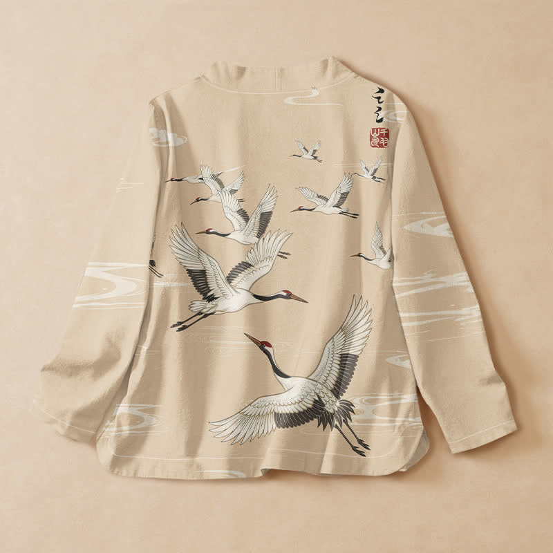 Kimono de manga larga para mujer con estampado de grullas voladoras y ondas de agua, estilo Hanfu, cuello en V y cordones, con Buddha Stones y algodón. - image 8