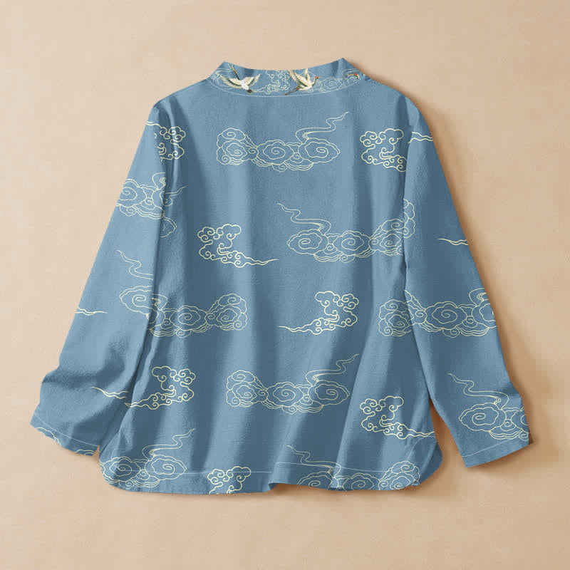 Buddha Stones Camisas de manga larga para mujer estilo Hanfu con cuello en V y cordones, estampadas con grullas en las nubes, de algodón. - image 1