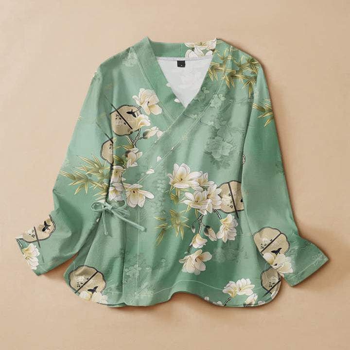 Buddha Stones Camisa de manga larga para mujer estilo Hanfu con cuello en V y cordones, estampado de bambú y magnolia de algodón. - Aguamarina medio - US16，UK/AU20，EU48 (3XL) - image 0
