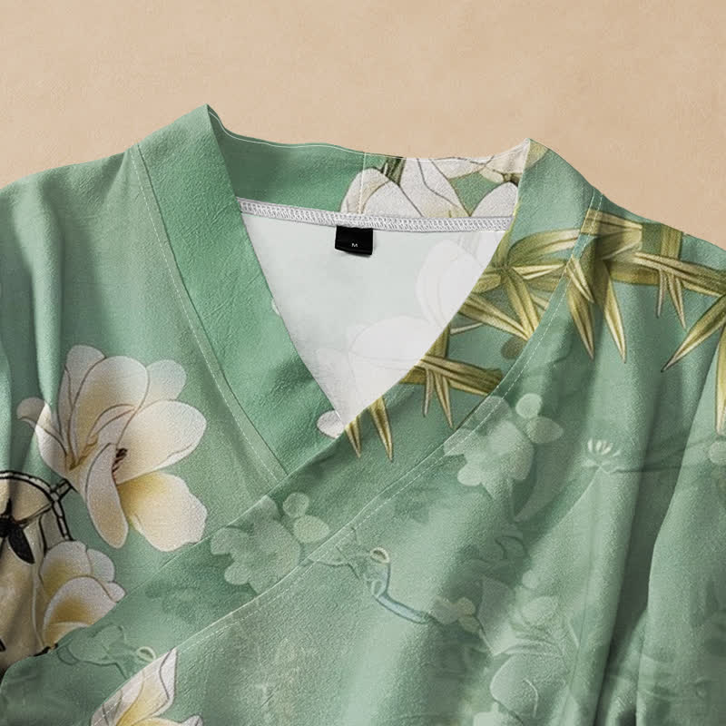 Buddha Stones Camisa de manga larga para mujer estilo Hanfu con cuello en V y cordones, estampado de bambú y magnolia de algodón. - image 2