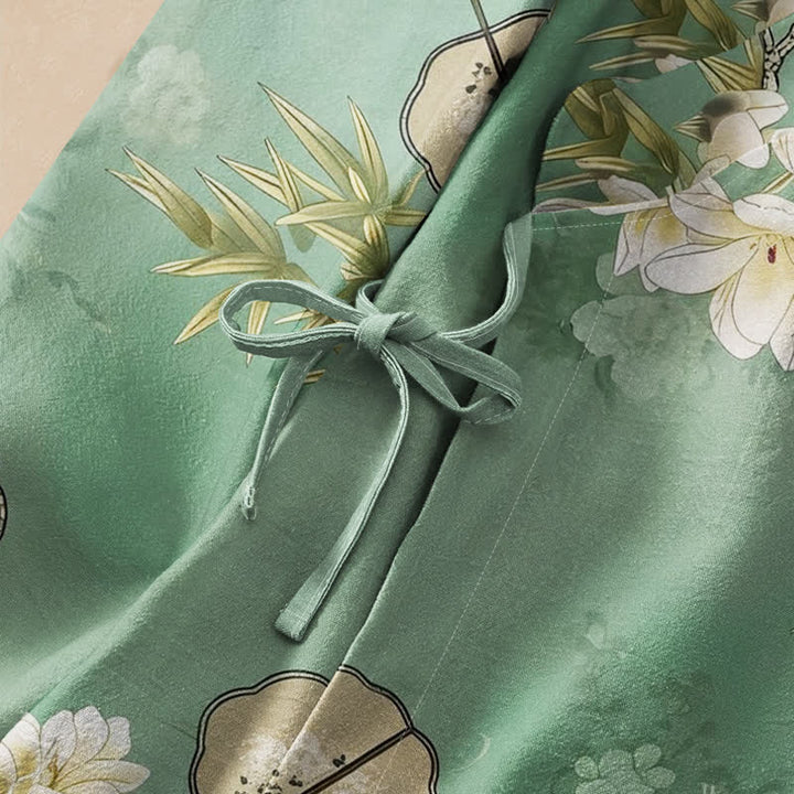 Buddha Stones Camisa de manga larga para mujer estilo Hanfu con cuello en V y cordones, estampado de bambú y magnolia de algodón. - image 3