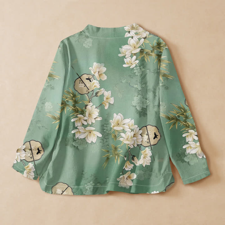 Buddha Stones Camisa de manga larga para mujer estilo Hanfu con cuello en V y cordones, estampado de bambú y magnolia de algodón. - image 1