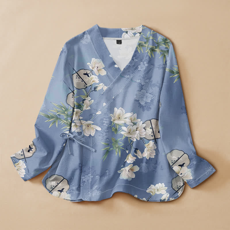 Buddha Stones Camisa de manga larga para mujer estilo Hanfu con cuello en V y cordones, estampado de bambú y magnolia de algodón. - Azul acero claro - US16，UK/AU20，EU48 (3XL) - image 5
