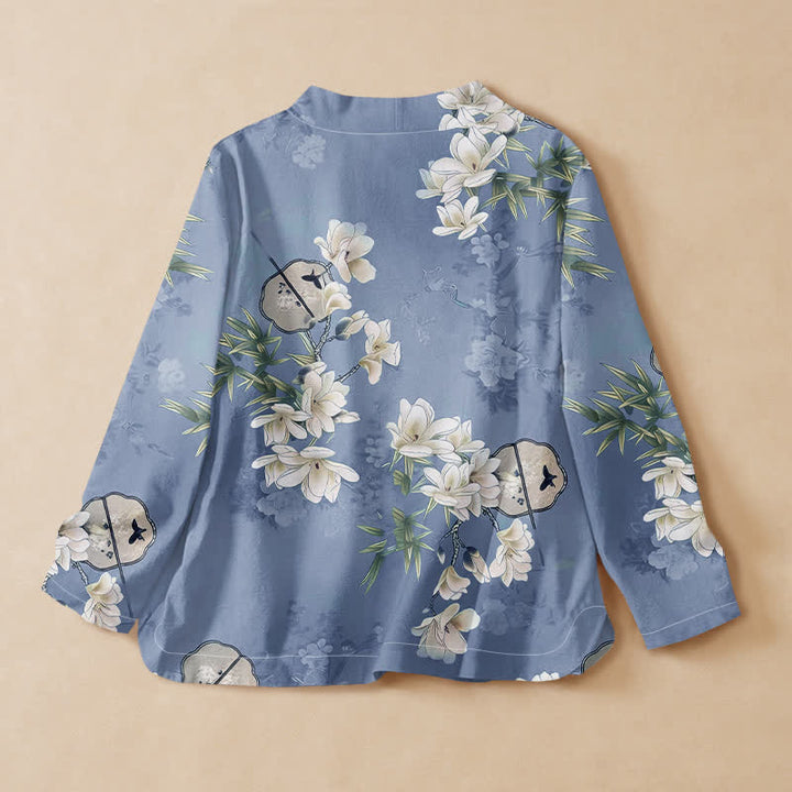 Buddha Stones Camisa de manga larga para mujer estilo Hanfu con cuello en V y cordones, estampado de bambú y magnolia de algodón. - image 6