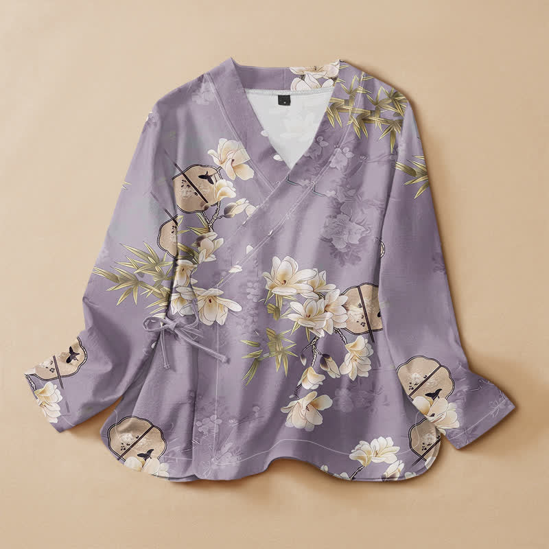 Buddha Stones Camisa de manga larga para mujer estilo Hanfu con cuello en V y cordones, estampado de bambú y magnolia de algodón. - Lavanda - US16，UK/AU20，EU48 (3XL) - image 7