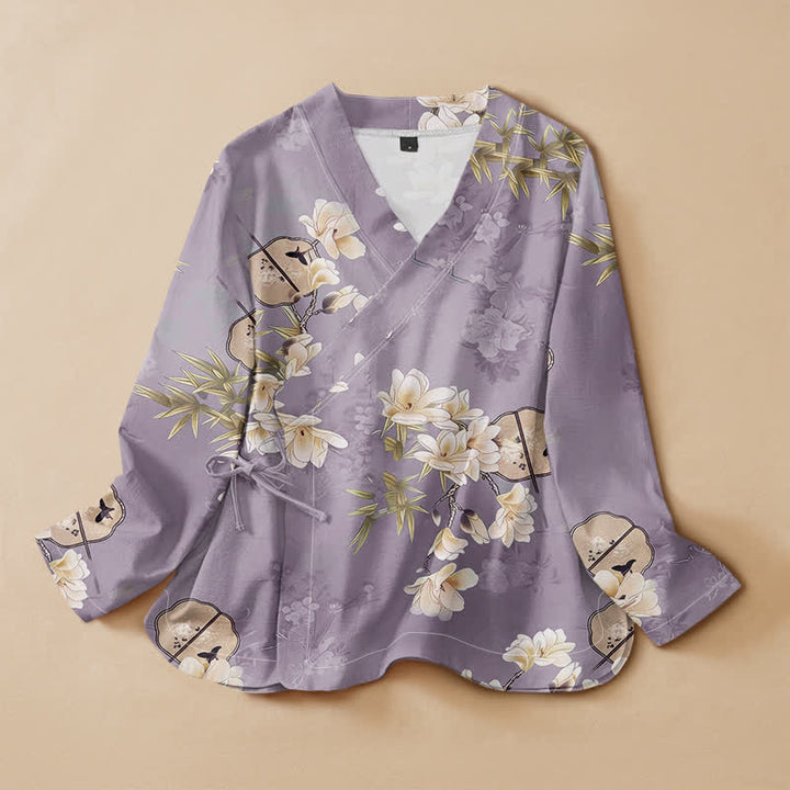 Buddha Stones Camisa de manga larga para mujer estilo Hanfu con cuello en V y cordones, estampado de bambú y magnolia de algodón. - Lavanda - US16，UK/AU20，EU48 (3XL) - image 7