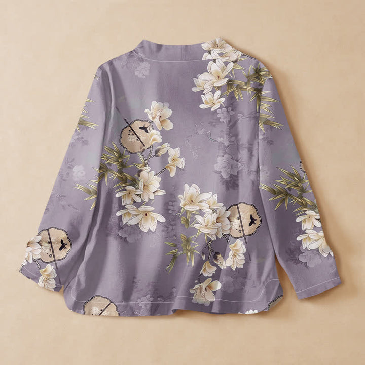 Buddha Stones Camisa de manga larga para mujer estilo Hanfu con cuello en V y cordones, estampado de bambú y magnolia de algodón. - image 8