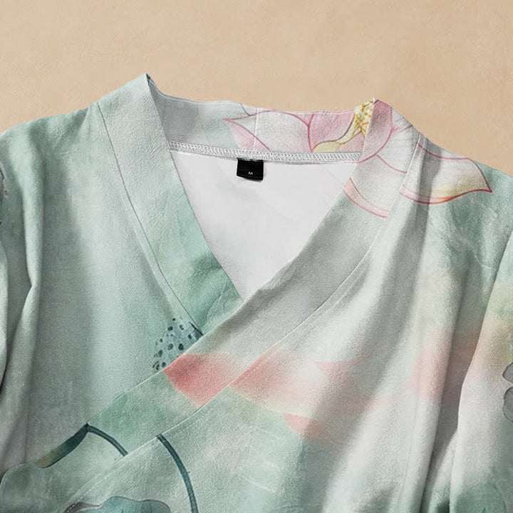 Kimono de manga larga para mujer con estampado de flores de loto de algodón estilo Hanfu, cuello en V y cordones, con Buddha Stones. - image 2