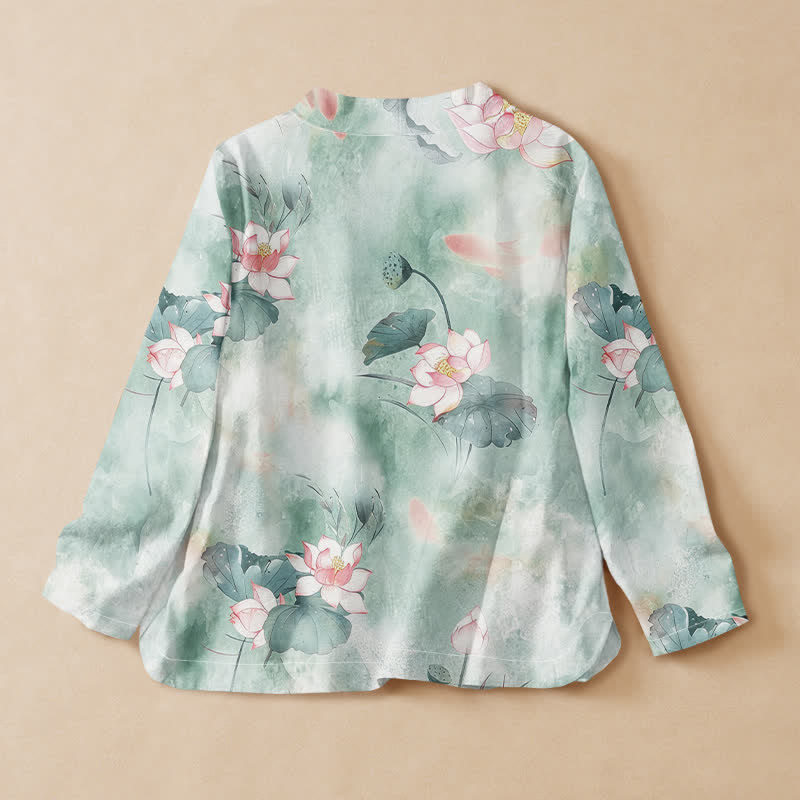 Kimono de manga larga para mujer con estampado de flores de loto de algodón estilo Hanfu, cuello en V y cordones, con Buddha Stones. - image 1