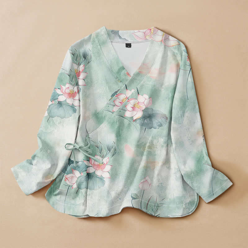 Buddha Stones Camisas de manga larga para mujer estilo Hanfu con cuello en V y cordones, de algodón y estampado de flor de loto. - Turquesa pálido - US16，UK/AU20，EU48 (3XL) - image 0