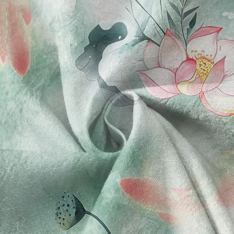 Kimono de manga larga para mujer con estampado de flores de loto de algodón estilo Hanfu, cuello en V y cordones, con Buddha Stones. - image 4