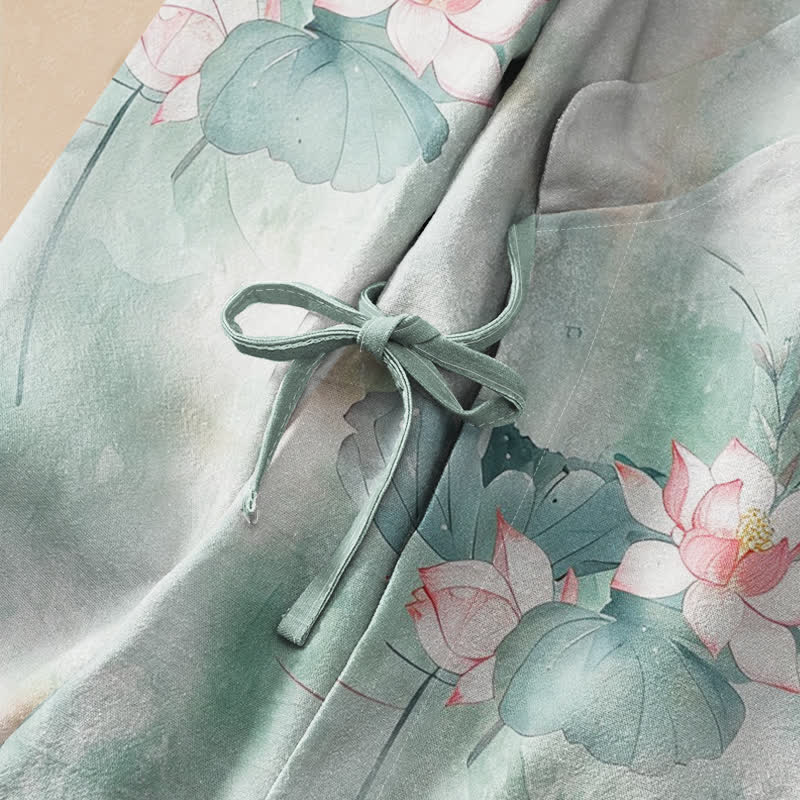 Kimono de manga larga para mujer con estampado de flores de loto de algodón estilo Hanfu, cuello en V y cordones, con Buddha Stones. - image 3