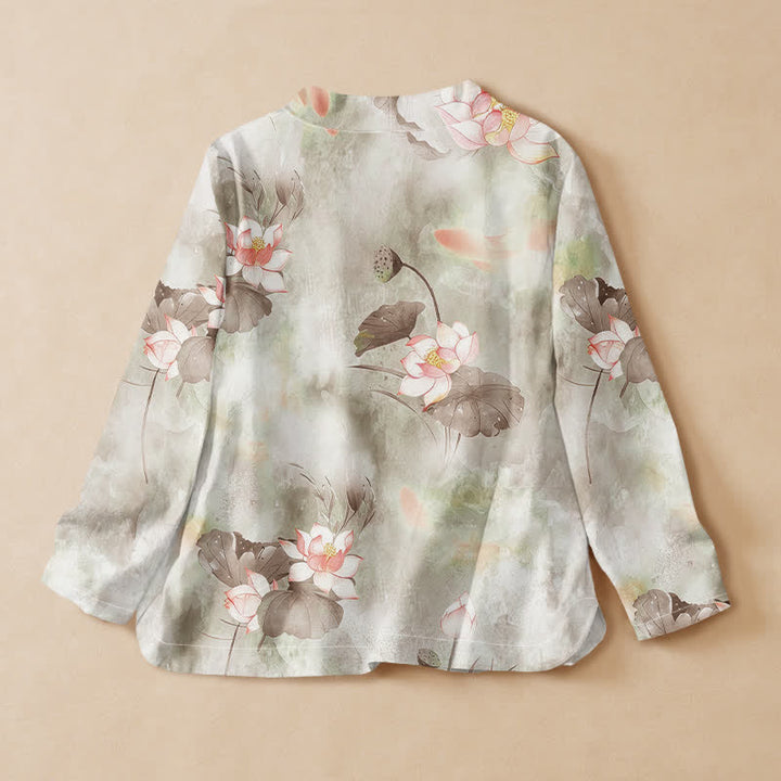Kimono de manga larga para mujer con estampado de flores de loto de algodón estilo Hanfu, cuello en V y cordones, con Buddha Stones. - image 6