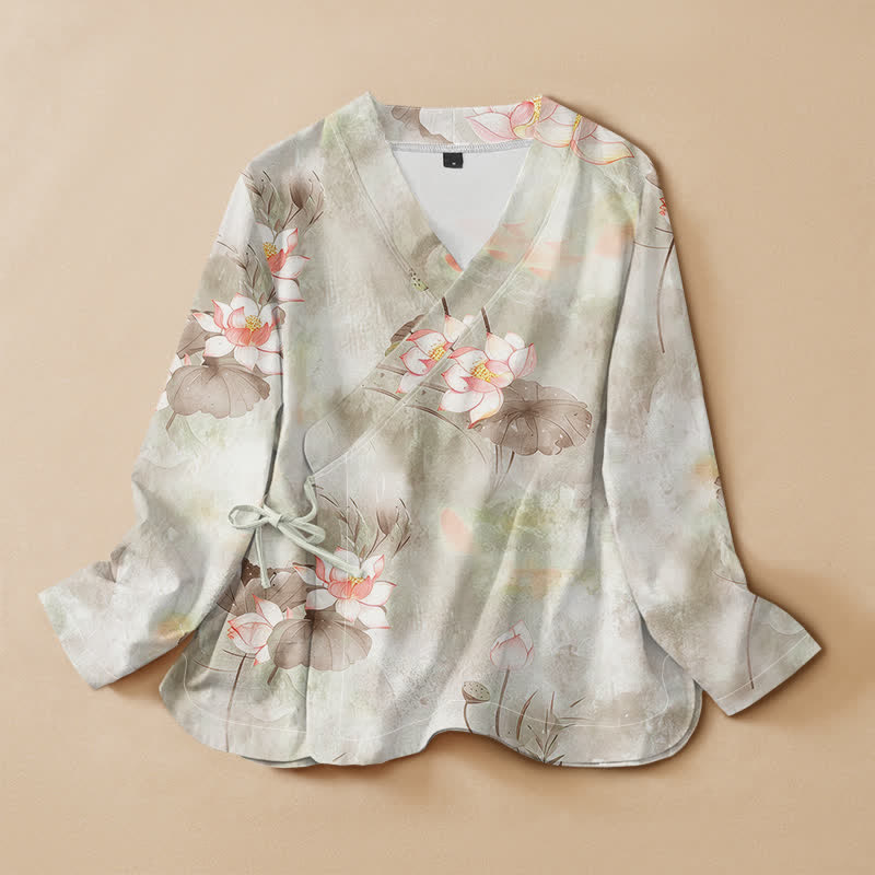 Kimono de manga larga para mujer con estampado de flores de loto de algodón estilo Hanfu, cuello en V y cordones, con Buddha Stones. - Beige - US16，UK/AU20，EU48 (3XL) - image 5