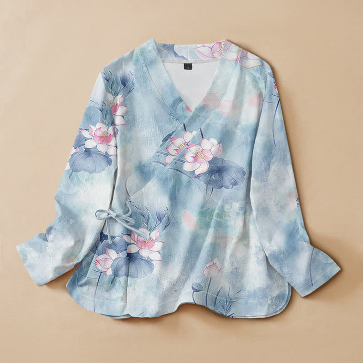 Kimono de manga larga para mujer con estampado de flores de loto de algodón estilo Hanfu, cuello en V y cordones, con Buddha Stones. - Azul claro - US16，UK/AU20，EU48 (3XL) - image 7