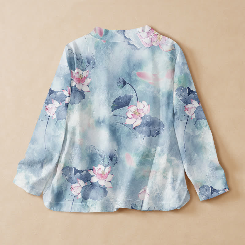 Kimono de manga larga para mujer con estampado de flores de loto de algodón estilo Hanfu, cuello en V y cordones, con Buddha Stones. - image 8
