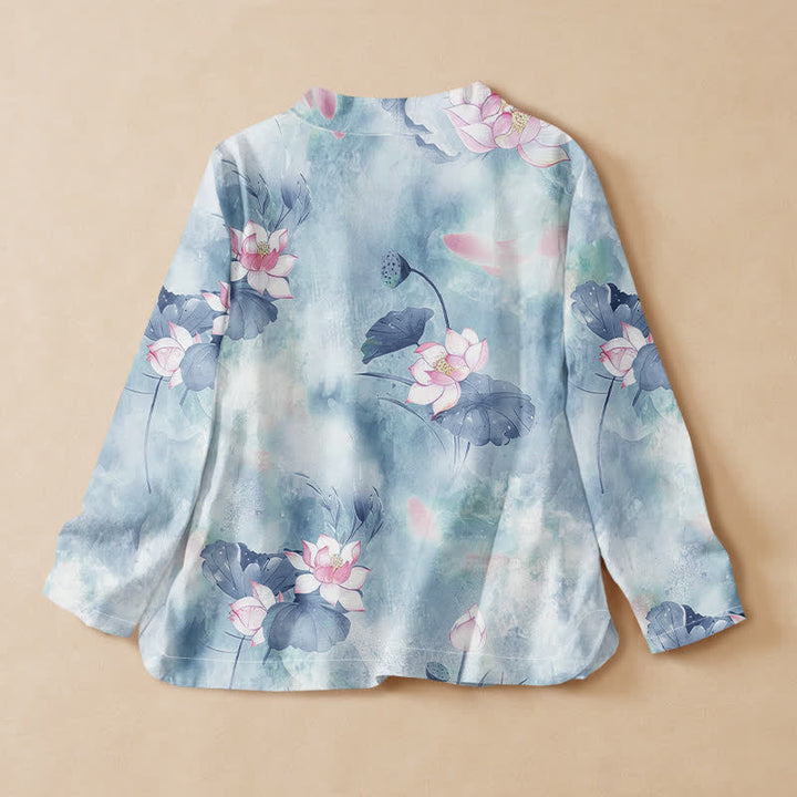 Kimono de manga larga para mujer con estampado de flores de loto de algodón estilo Hanfu, cuello en V y cordones, con Buddha Stones. - image 8
