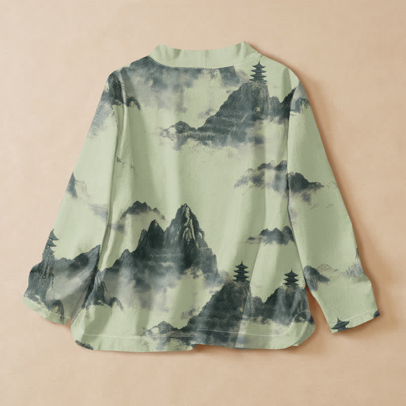 Kimono de manga larga para mujer con estampado de pagoda y paisaje de Buddha Stones en algodón, estilo Hanfu, cuello en V y cordones. - image 1