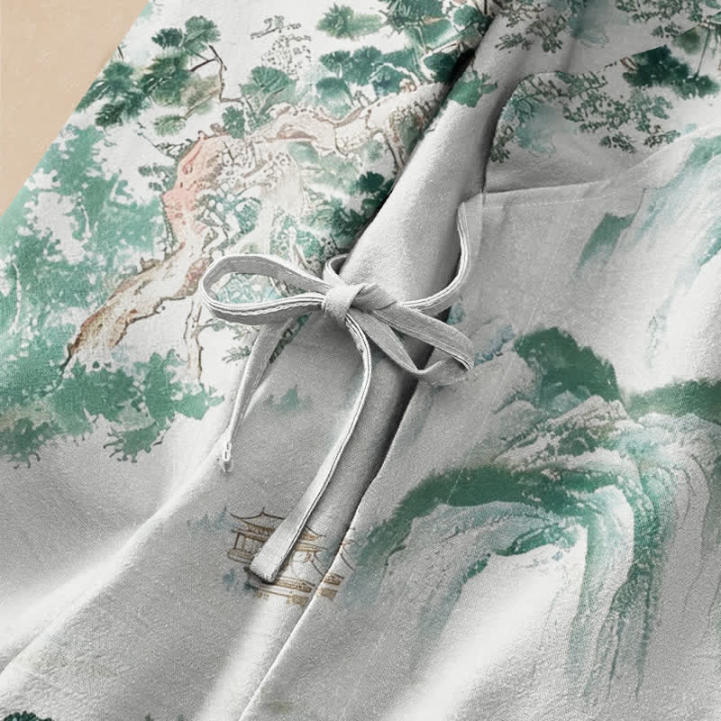 Kimono de manga larga para mujer con estampado de paisaje de pinos y piedras de Buddha Stones, estilo Hanfu, cuello en V y cordones. - image 3