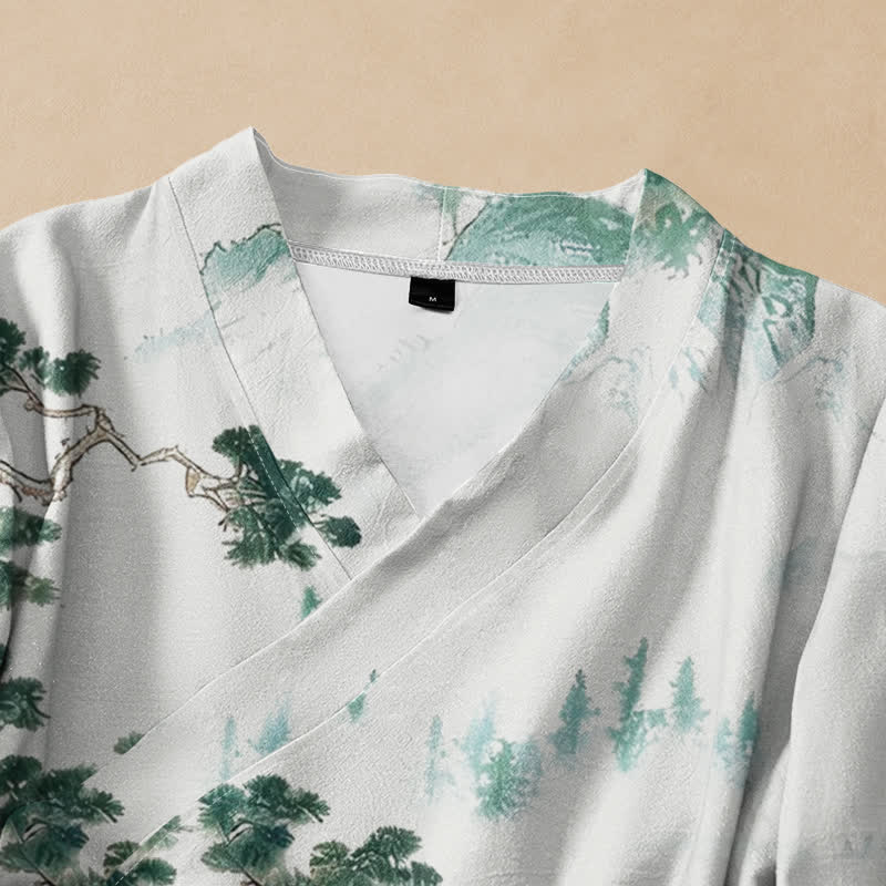 Kimono de manga larga para mujer con estampado de paisaje de pinos y piedras de Buddha Stones, estilo Hanfu, cuello en V y cordones. - image 2