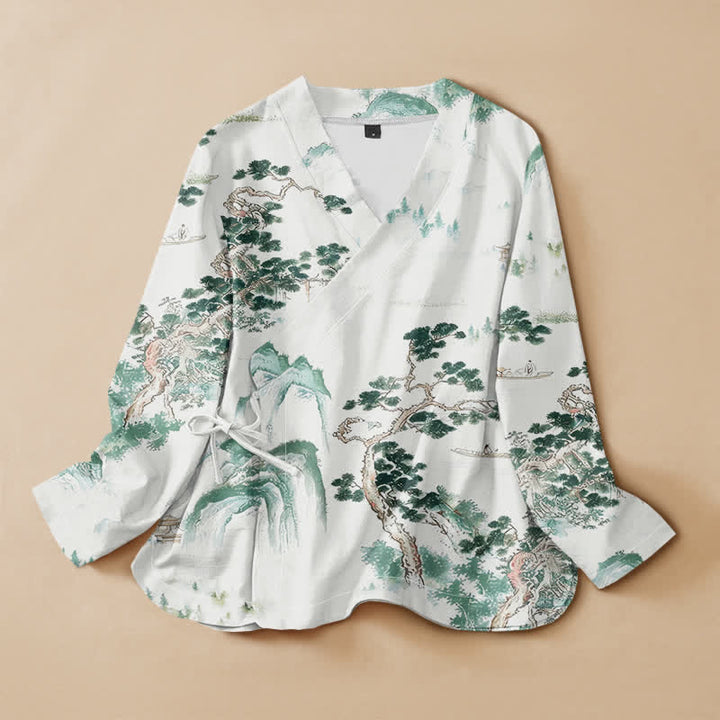 Kimono de manga larga para mujer con estampado de paisaje de pinos y piedras de Buddha Stones, estilo Hanfu, cuello en V y cordones. - Gotas de miel - US16，UK/AU20，EU48 (3XL) - image 0