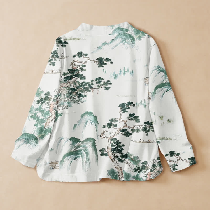 Buddha Stones Camisas de manga larga para mujer estilo Hanfu con cuello en V y cordones, estampadas con paisaje de pinos y algodón. - image 1