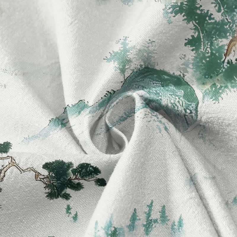 Kimono de manga larga para mujer con estampado de paisaje de pinos y piedras de Buddha Stones, estilo Hanfu, cuello en V y cordones. - image 4