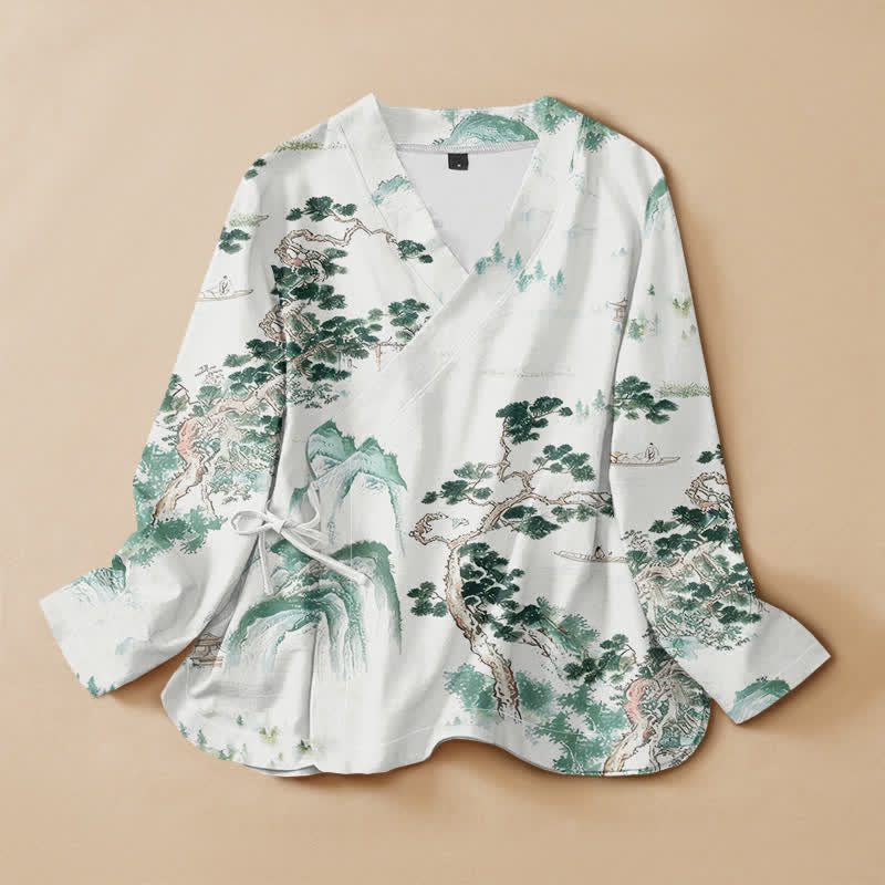 Buddha Stones Camisas de manga larga para mujer estilo Hanfu con cuello en V y cordones, estampadas con paisaje de pinos y algodón. - Gotas de miel - US16，UK/AU20，EU48 (3XL) - image 0