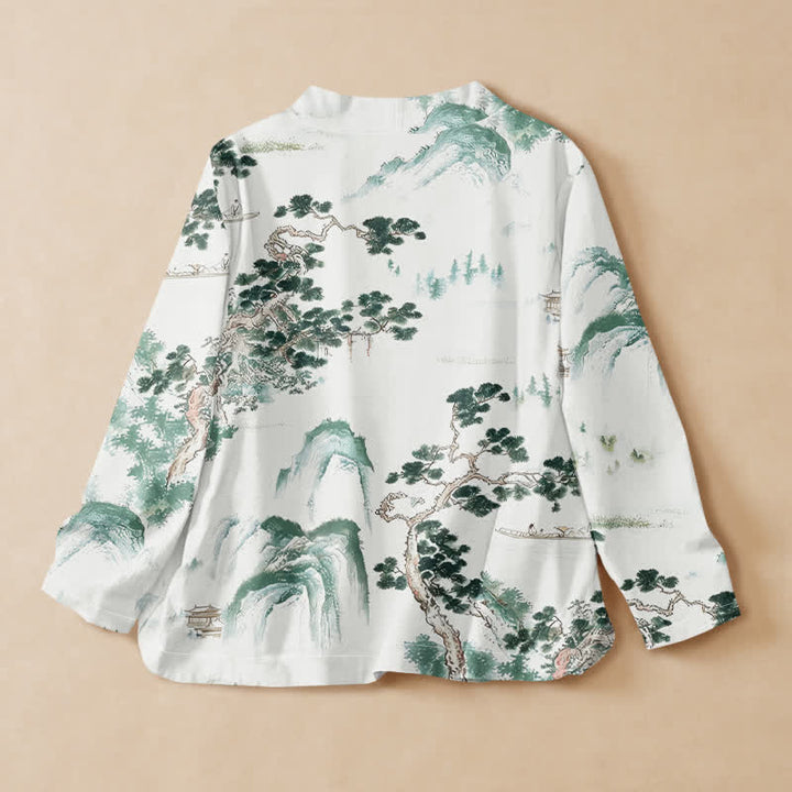Kimono de manga larga para mujer con estampado de paisaje de pinos y piedras de Buddha Stones, estilo Hanfu, cuello en V y cordones. - image 1