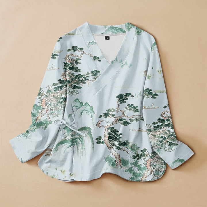 Kimono de manga larga para mujer con estampado de paisaje de pinos y piedras de Buddha Stones, estilo Hanfu, cuello en V y cordones. - Turquesa pálido - US16，UK/AU20，EU48 (3XL) - image 5