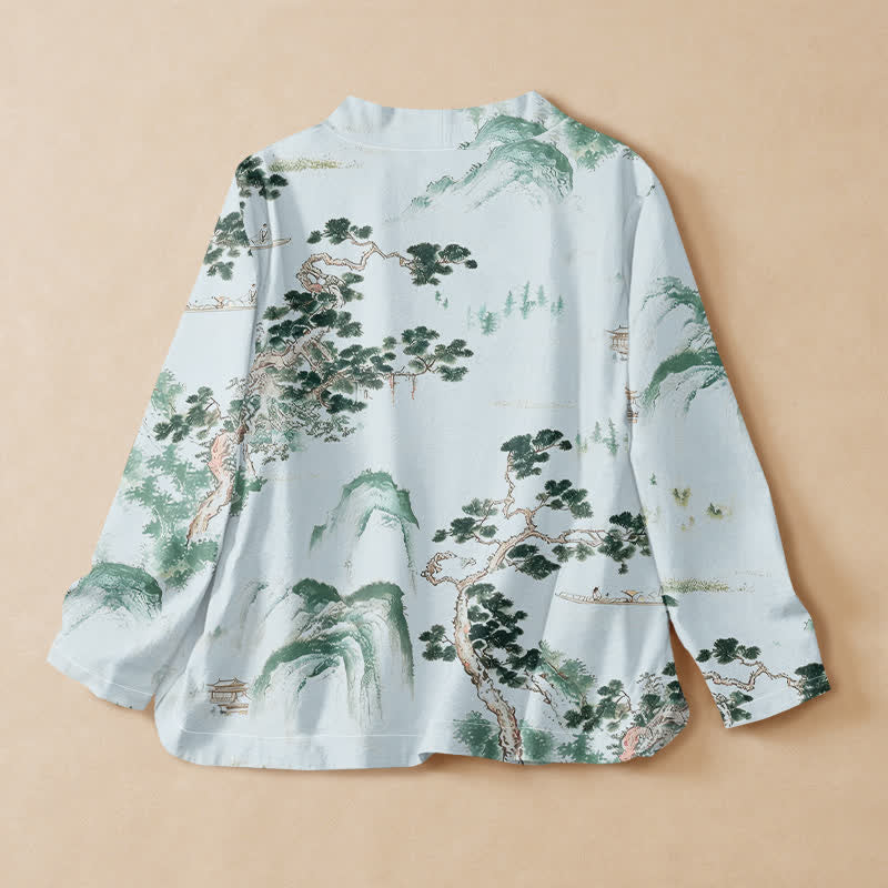Kimono de manga larga para mujer con estampado de paisaje de pinos y piedras de Buddha Stones, estilo Hanfu, cuello en V y cordones. - image 6