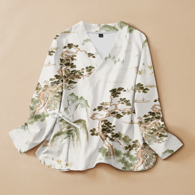 Kimono de manga larga para mujer con estampado de paisaje de pinos y piedras de Buddha Stones, estilo Hanfu, cuello en V y cordones. - Beige - US16，UK/AU20，EU48 (3XL) - image 7